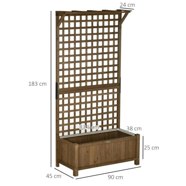 Brown raised bed with wooden trellis frame and base planter box for climbing plants