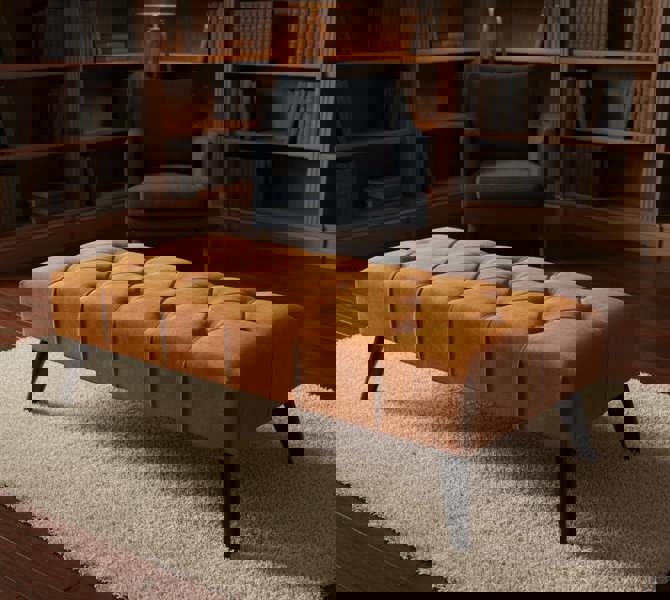 Burnt orange velvet footstool pouffe front view for UK living room - ISTOOLS