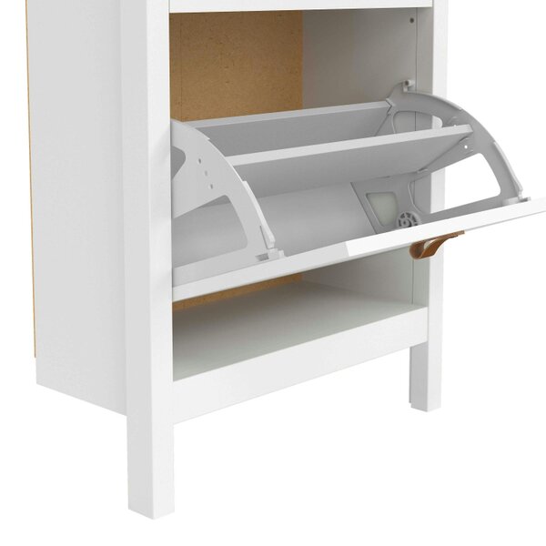 Wyld Haus Wildberry Matt White Wooden Shoe Cabinet 2 Flip Down Doors Leather Handles