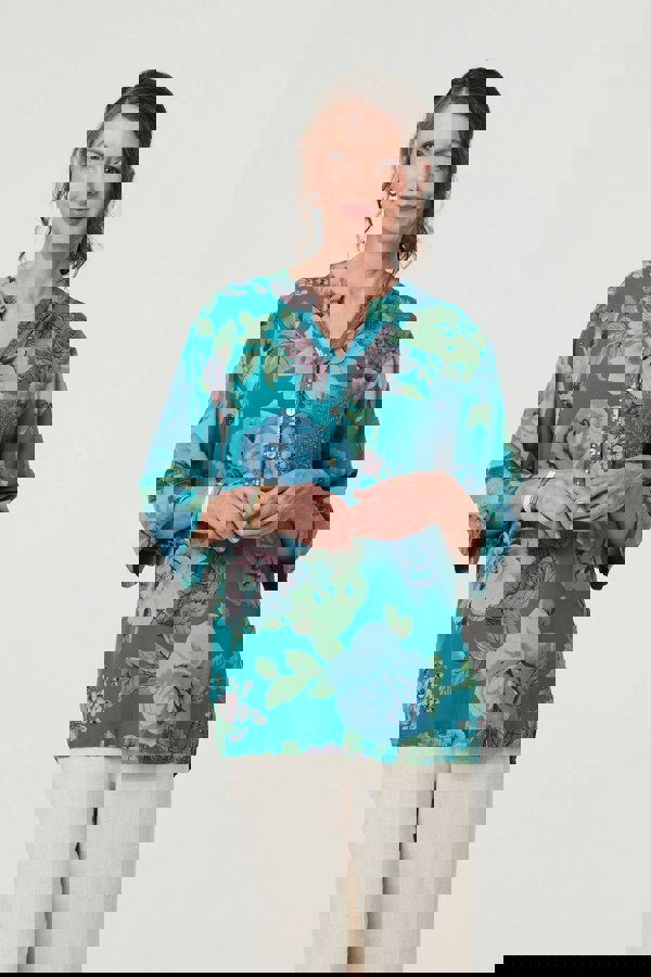 Teal | Floral Sequin Embellished Relaxed Blouse
