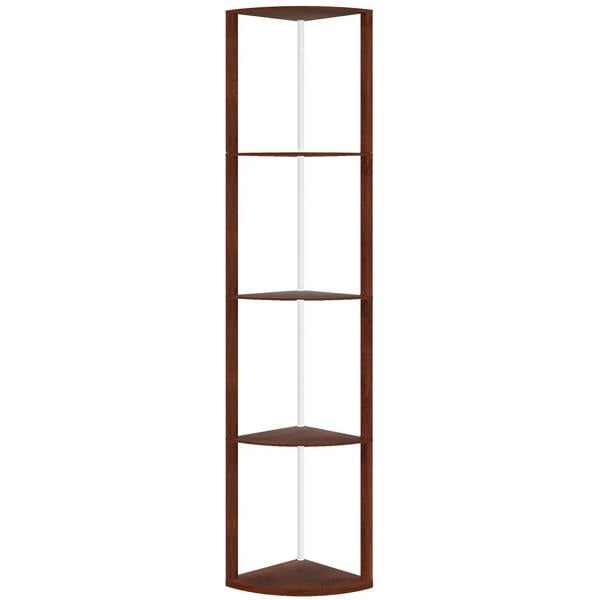 Brown 4-tier standing LED floor lamp with vertical frame and open corner shelves