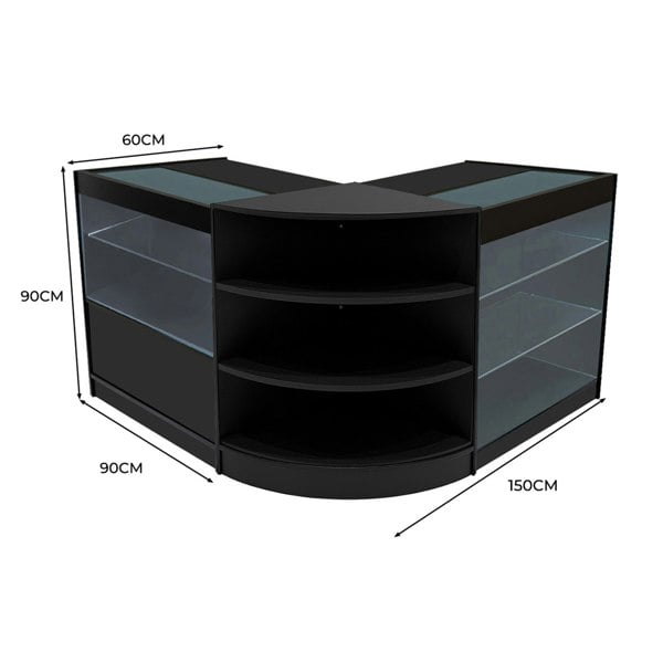 Black Calliope LED Shop Counter Set featuring curved design, glass shelves, and sleek finish, ideal for retail displays