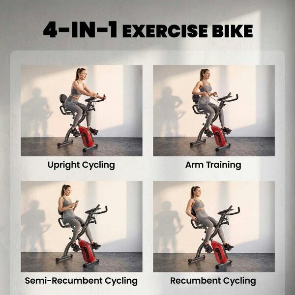 4-In-1 Folding Exercise Bike with Resistance Bands, Bluetooth App, 8-Level Magnetic Resistance, LCD Display, Red