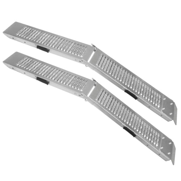 Foldable aluminum motorbike ramps with textured surface for grip, featuring a lightweight design and sturdy construction for easy loading