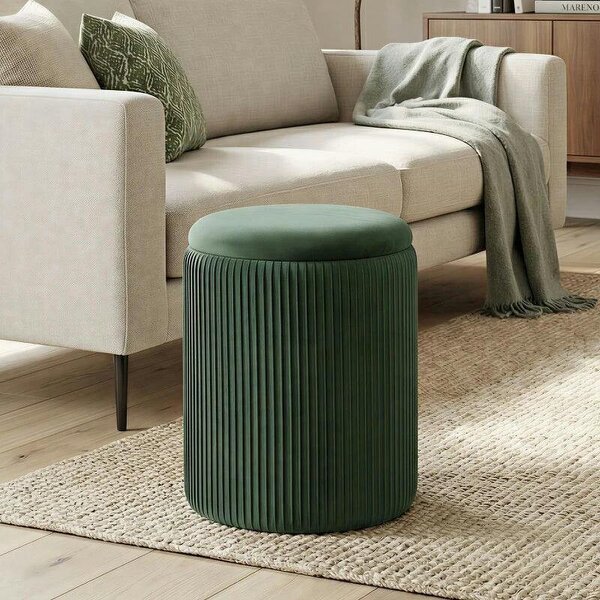 Storage Ottoman Modern Velvet Round Foot Stool for Living Room Bedroom 45 cm Dark Green - Green