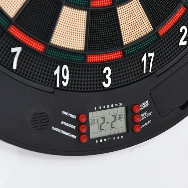 Black dartboard bottom with LED display and red control buttons, close-up