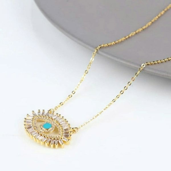 The Colourful Aura Large Turkish Evil Eye Crystal Zirconia Turquoise Eyelashes Pendant Necklace