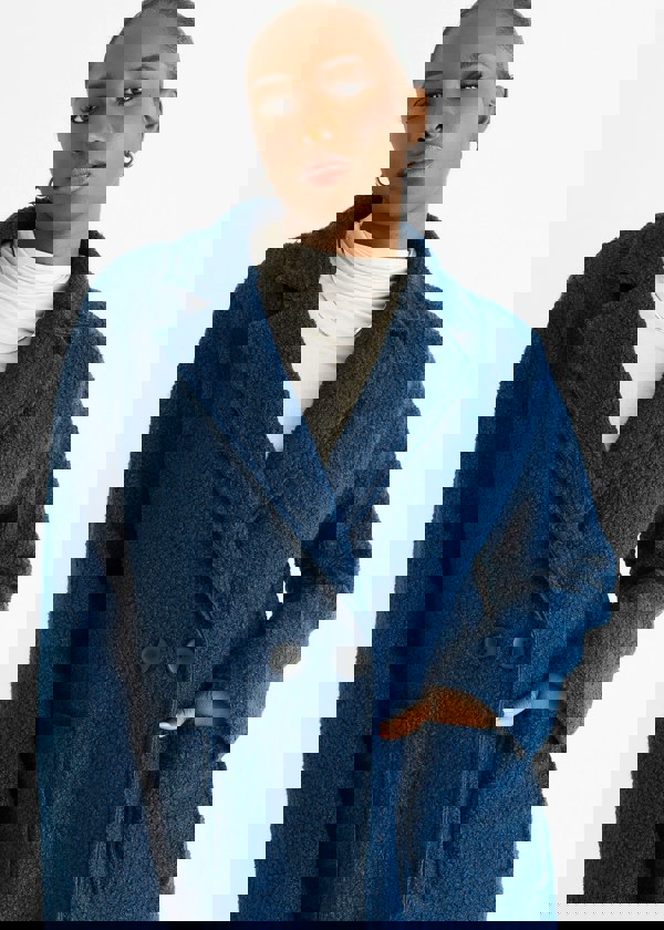 Gini London Navy Shearling Mid Length Double Breasted Jacket