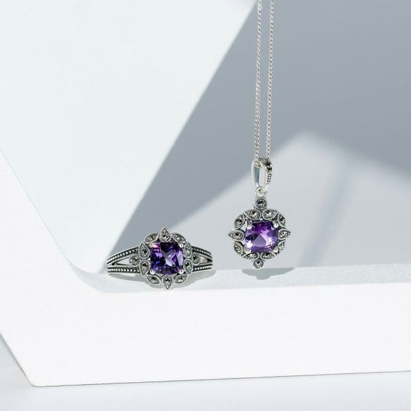 Gemondo Art Deco Style Cushion Amethyst & Marcasite Pendant Necklace in Sterling Silver