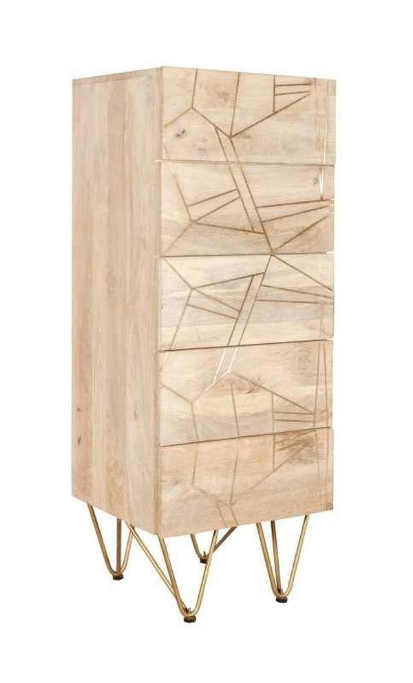 Wyld Haus Bali Light Natural Mango Wood and Gold Modern Tall 5 Drawer Storage Chest