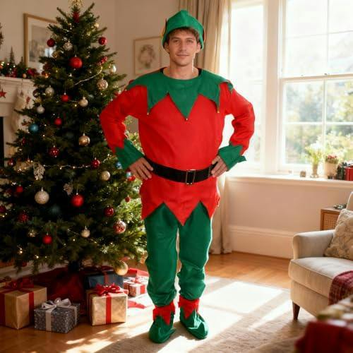 One Size Adult Unisex Christmas Elf Fancy Dress Costume with Hat, Shoes, Belt and Trousers image 5