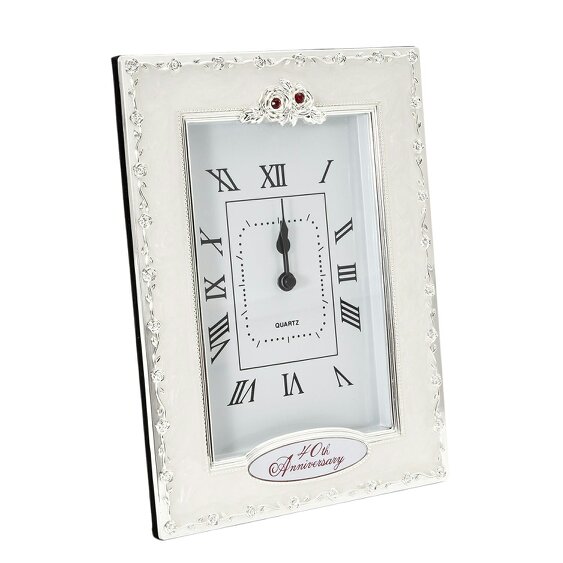 Happy Homewares 40th Anniversary Clock with Silver Plated Roses and Red Diamantes