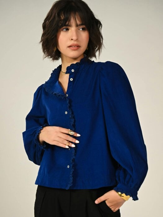 Rose & Nancy Nerys Blue Cord Embroidered Frill Blouse