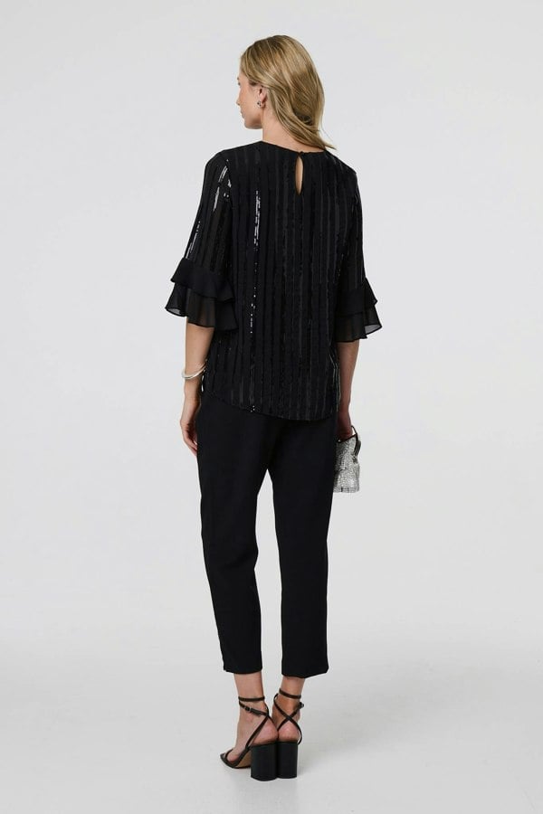 Black | Sequin Stripe Ruffled 3/4 Sleeve Blouse
