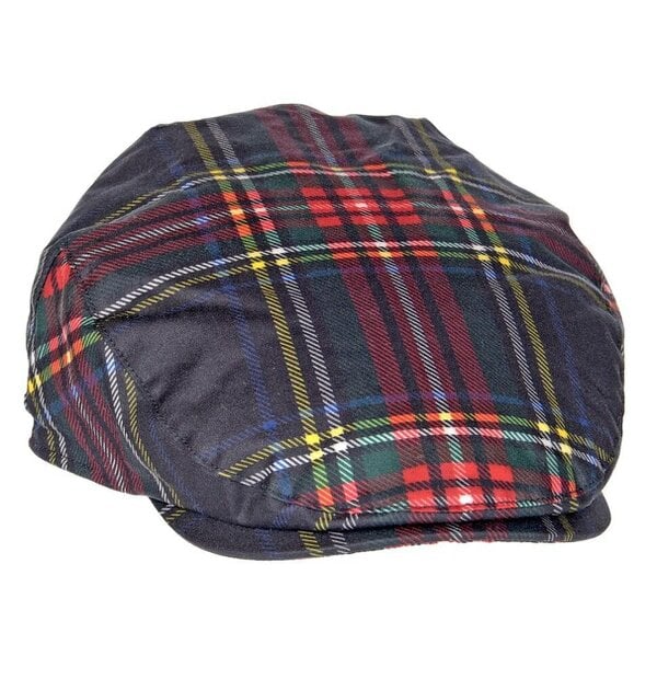 Heather Hats & Accessories Water Resistant Waxed Cotton Flat Cap, Checked Cotton Lining, Outdoor Wear, Black Stewart Red