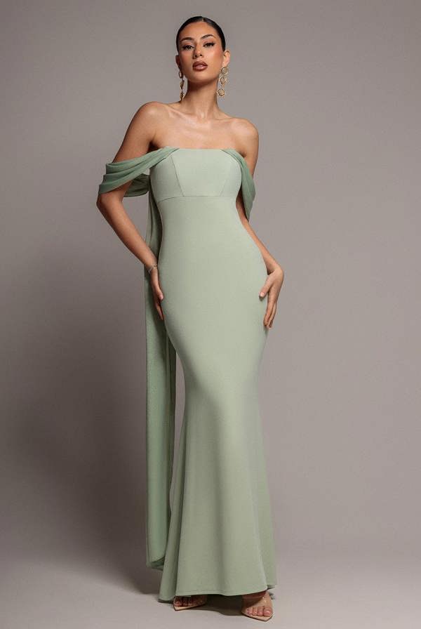 Off Shoulder Velvet Satin Wing Cape Maxi Dress - Sage Green DR5079