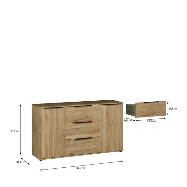 Furniture To Go Orkney 3 Drawer Sidebaord with 2 Doors in Mauvella Oak