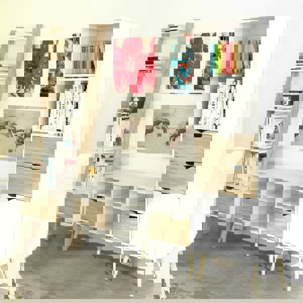 Furniture To Go Oslo TV Unit Wide 2 Drawers 4 Shelves in White and Oak