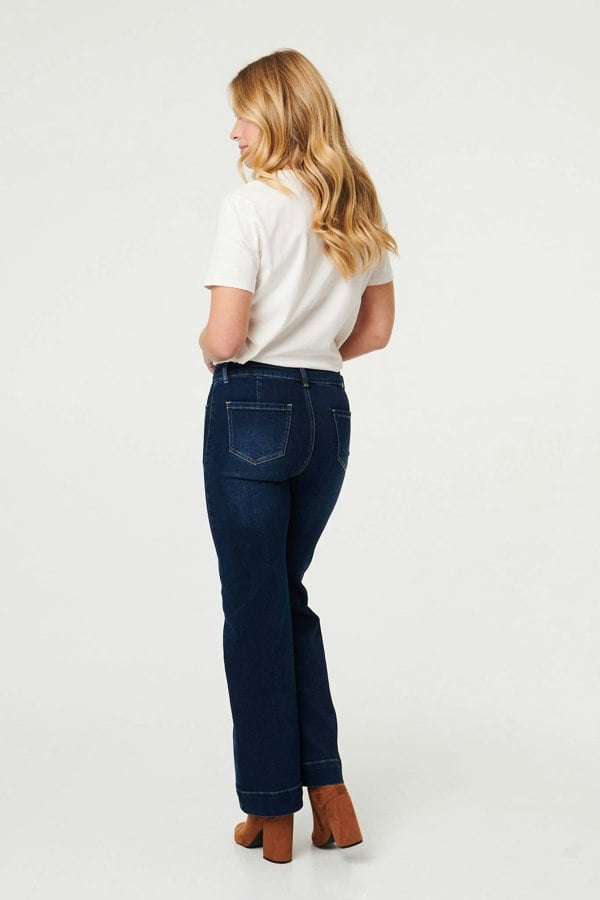 Blue | Pocket Detail High Waist Wide Jeans
