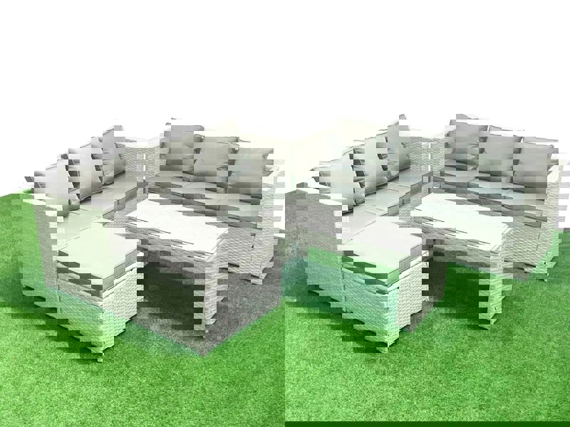 Fimous 7 Seater Garden Outdoor Rattan Furniture Set Rattan Garden Sofa Oblong Coffee Table with Big Footstool Light Grey Mixed