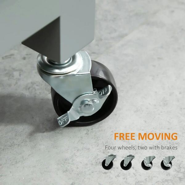 Grey kitchen trolley cart with caster wheels, two with brakes