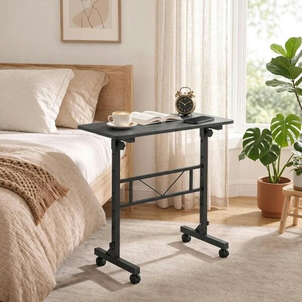 Overbed Table Adjustable Height Sofa Side Table with Wheels 80 x 40 cm Black
