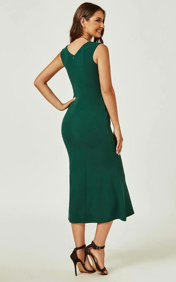 FS Collection Bardot Pleated Midi Dress In Dark Green