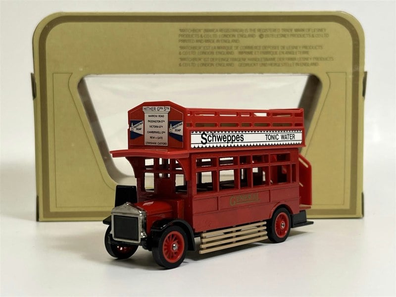 MCSlots 1922 AEC S Type Omnibus Schweppes Tonic Water Matchbox Y23 S1