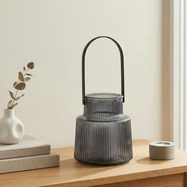 Garden Greatness Contemporary Grey Ribbed Glass Lantern