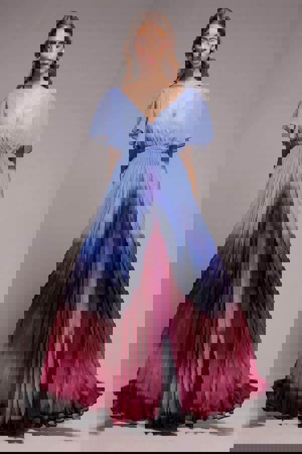 Wavy Ombre A-Line Chiffon Maxi Dress - Blue DR4207