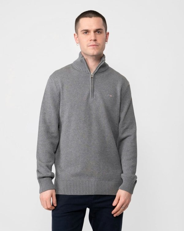 GANT Mens Casual Cotton Half Zip Jumper - 92 Dark Grey Melange