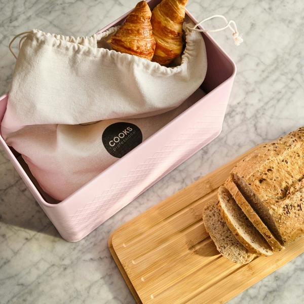 Cooks Professional Embossed Bread Bin, Linen Bag and Bamboo Board Set | Pink