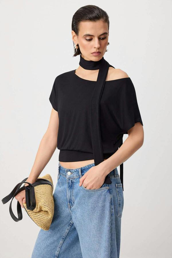 WOVCOR Boat Neck Batwing Sleeve Belted Knit Blouse