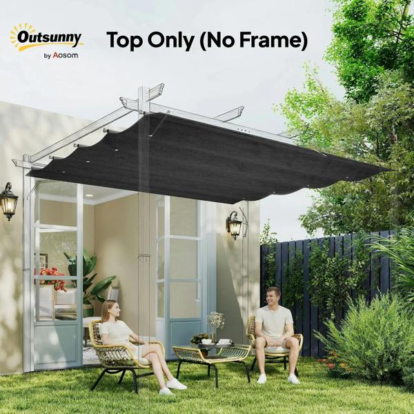 Dark grey retractable pergola canopy top extended over a house patio area
