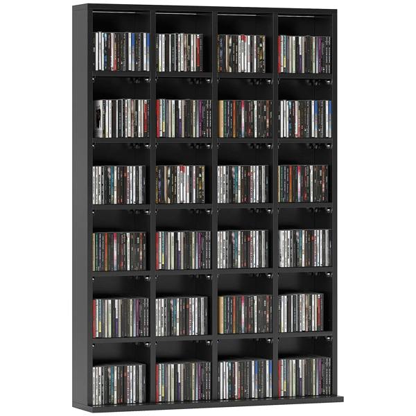 Black CD storage unit with adjustable shelves, front view with rows of CDs