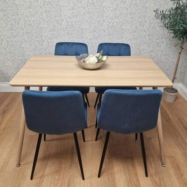 Kosy Koala Modern Wood Effect Dining Table Set With 4 Blue Velvet Chairs Dining Room Furniture
