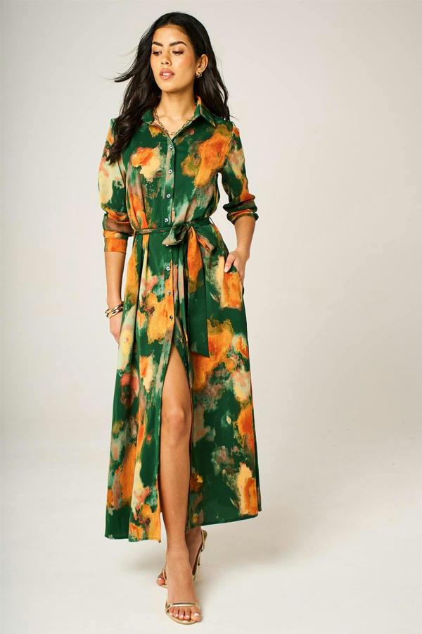 FS Collection Abstract Floral Long Sleeve Belted Shirt Dress In Green