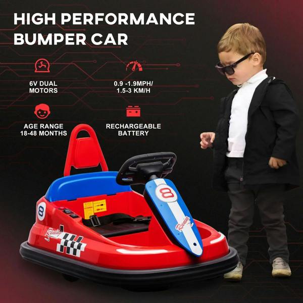 Red electric kids bumper car with blue horn and child driving, hands on wheel.