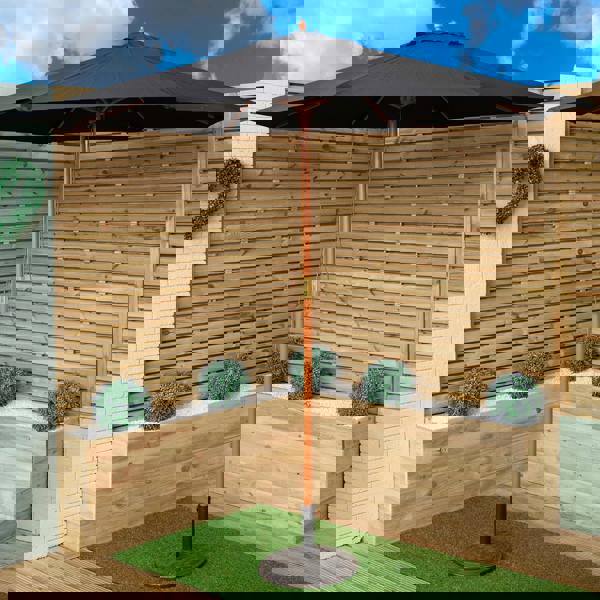 Samuel Alexander Outdoor 4 Person Rectangular Wooden Garden Dining Table, 2 Benches with Black Parasol and Base Set