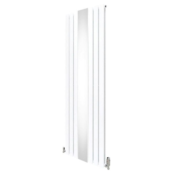 Flat mirror radiator in sleek white, measuring 1800mm x 565mm, featuring a modern design with vertical lines and chrome valves