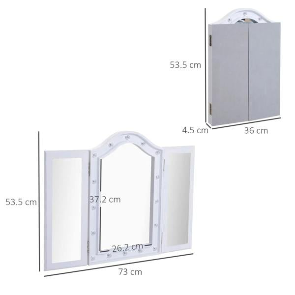 White tri-fold tabletop mirror showing folded and open positions with size measurements