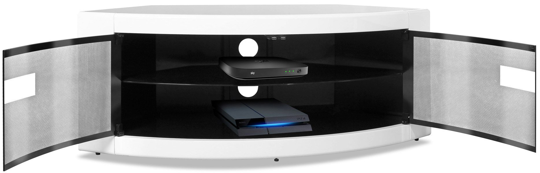 Centurion Supports PANGEA Gloss White Beam-Thru Curved Tru-Corner 32”-50” TV Cabinet