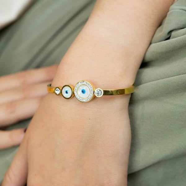 The Colourful Aura Evil Eye Round Brass White Enamel Gold Zircon Armlet Bangle