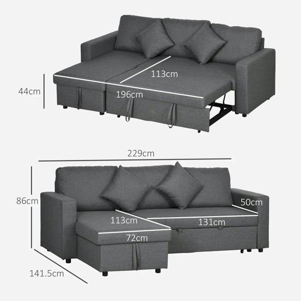 Dark grey 3-seat convertible sofa bed layout with chaise and open bed dimensions