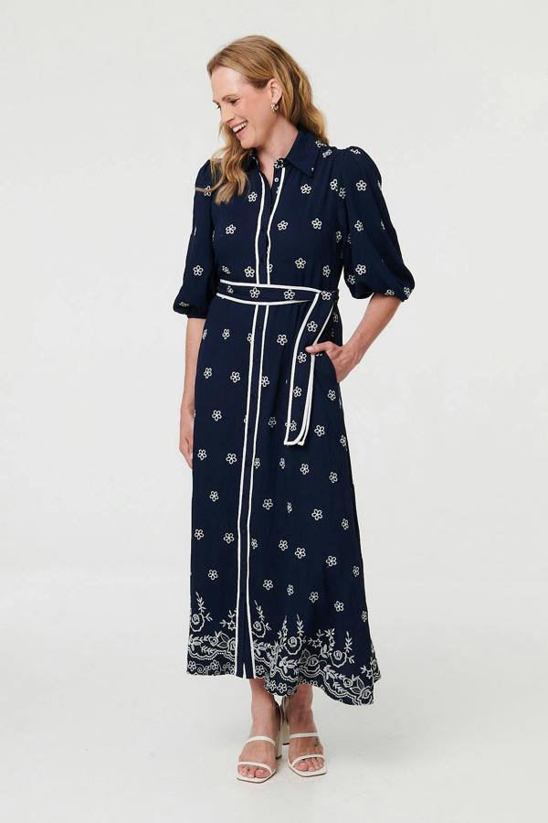Navy | Embroidered Texture Tie Waist Maxi Dress