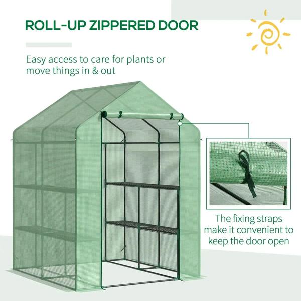 Translucent greenhouse with dark green metal frame, roll-up zippered front door