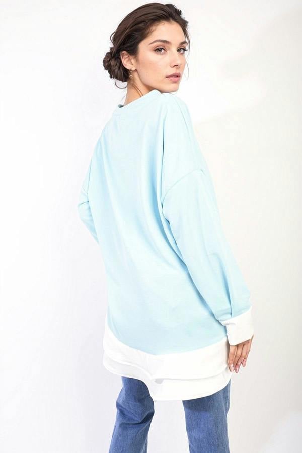 Fiona Contrast Ruffled Hem Top - Sky Blue