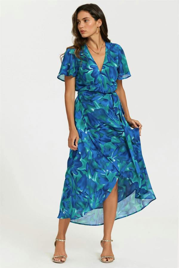 FS Collection Abstract Floral Print Wrap Maxi Dress In Blue