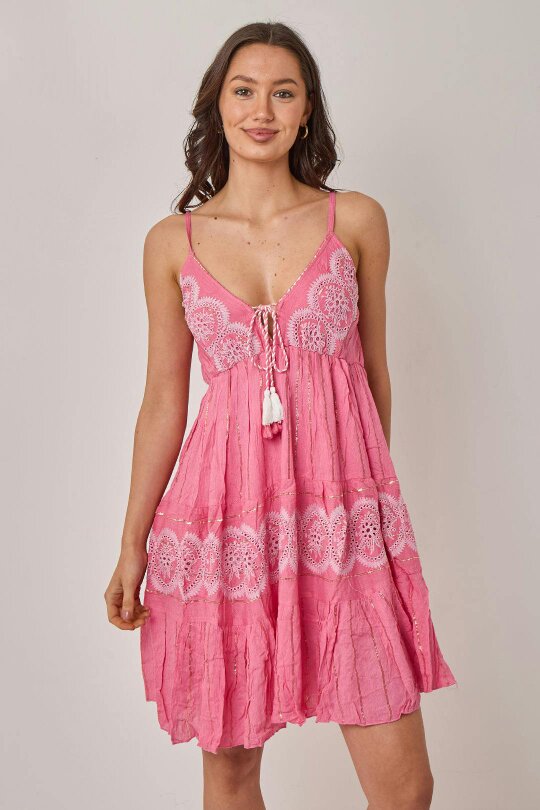 Elaina Fashion Bohemian Lace Detail Mini Dress - Onesize (8-14) - Baby Pink