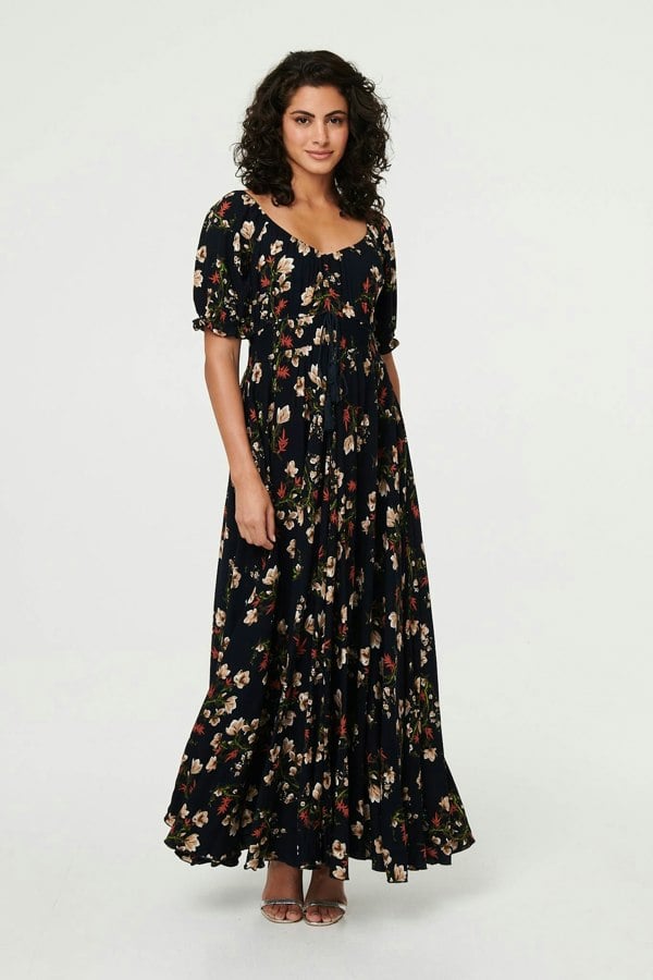 Navy | Floral Bardot Shirred Empire Maxi Dress
